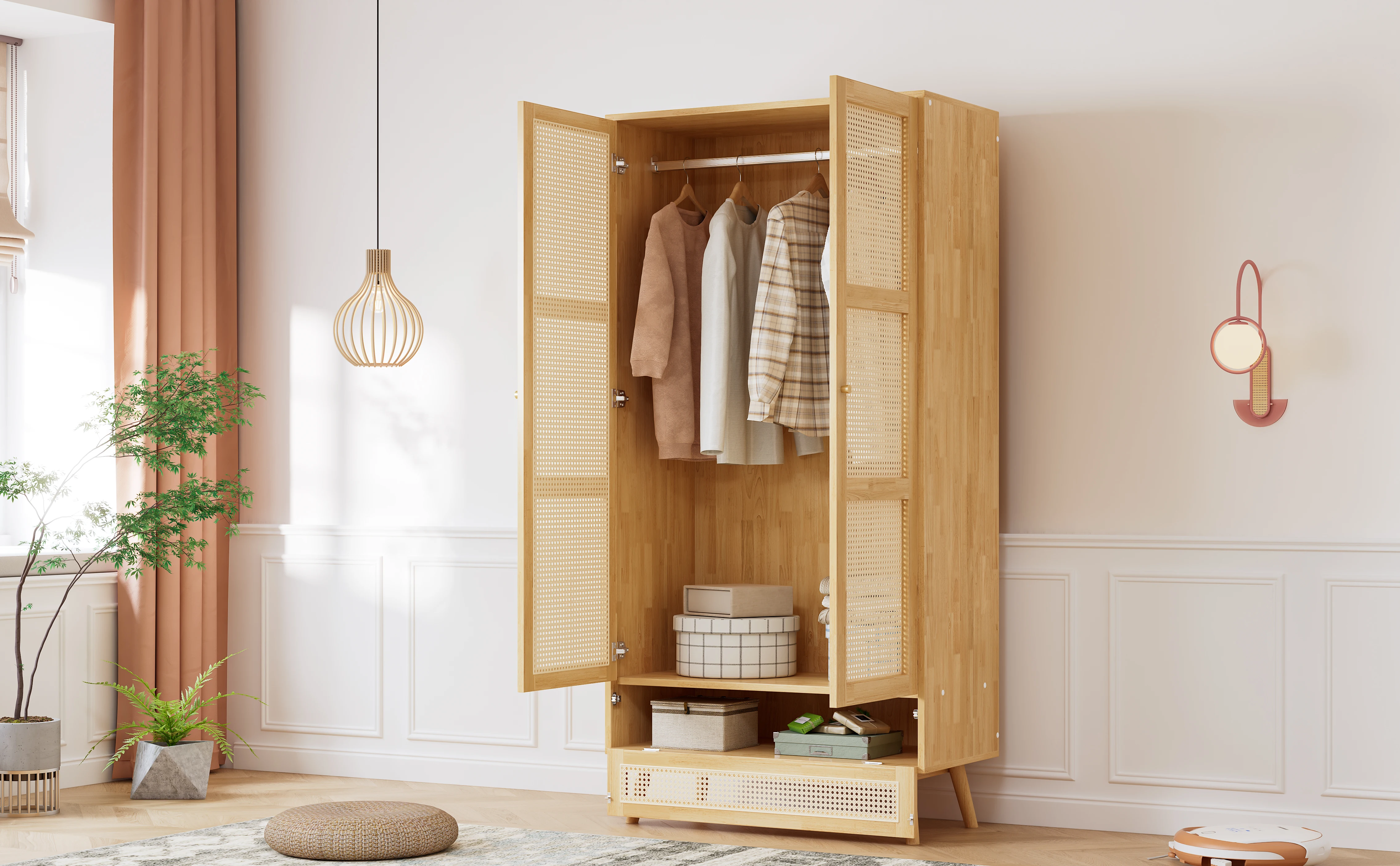 Kleiderschrank mit Stange, 2-türiger Kleiderschrank, Schlafzimmer, Rattansetz, Wohnzimmer, mit unterem Flip-Top-Deckel, Sperrholz + PE-Rattan, Natur – Detail 1
