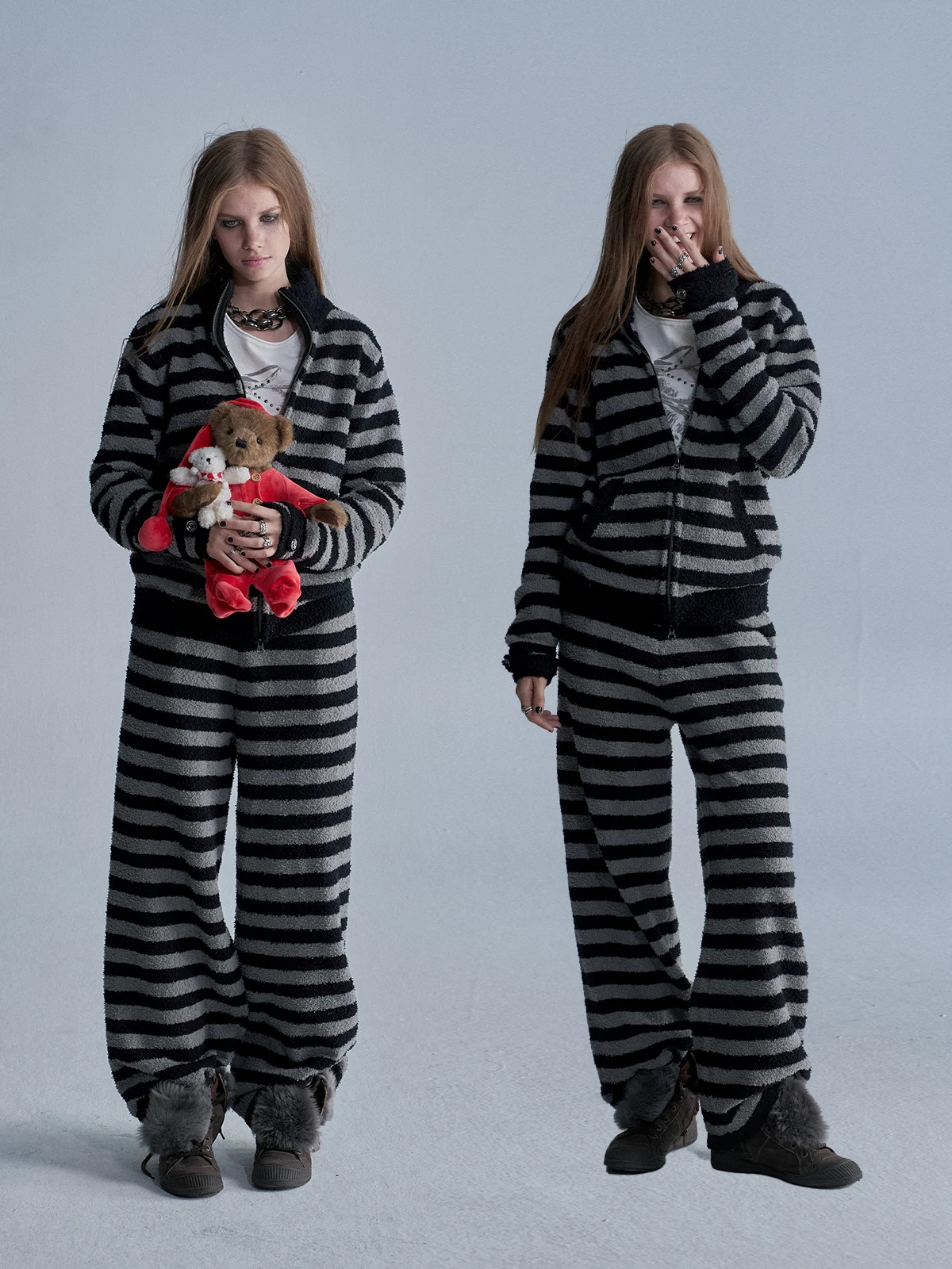 Soft Stand Collar Zipper Cardigan Set Long Sleeve Half Fleece Home Clothes Sleepwear Pants Polyester Fiber Straight Tube Pants