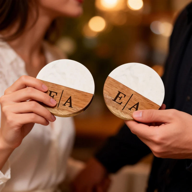 Personalized Couple Anniversary Gifts, Custom Coasters Engraved Round Marble Wood Coasters for Wedding Gift, Housewarming Gift