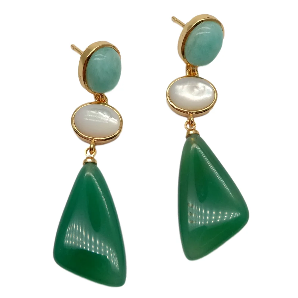 

geometric Natural Green stone Green Peruvian Amazonite White Shell gold color plated Stud Earrings vintage style for women