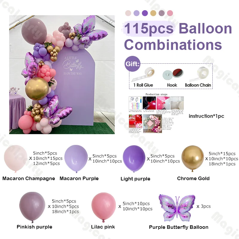 115/119pcs Purple Party Decoration Supplies Pink and Purple Latex Balloon Combination Arch Set for Birthday or Festival Celebr