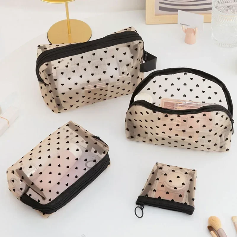 Women Travel Toiletry Wash Makeup Bag Storage Case Zipper Make Up Bags Fashion Black Heart Transparent Mesh Cosmetic Bags