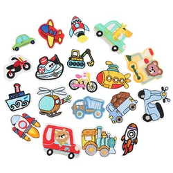 10pcs Iron On Cartoon Car Boat Train Plane Patches Embroidery Transportation Stickers Sewing Kids Clothing Bags Badge Appliques