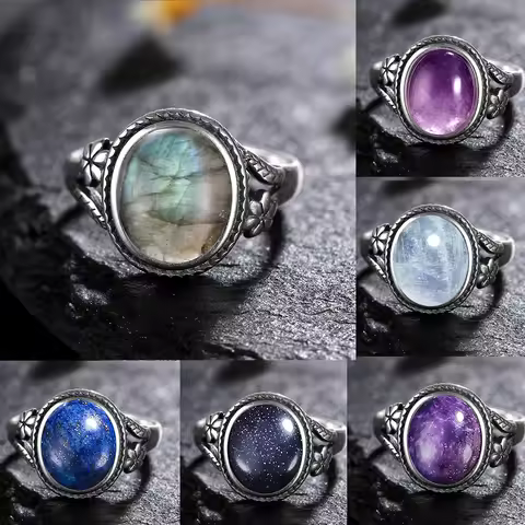 Vinatge Silver Ring Female Jewelry Natural Moonstone Tiger's Eye Personalized Rings for Women Bijoux Wedding Jewelry Gift S925