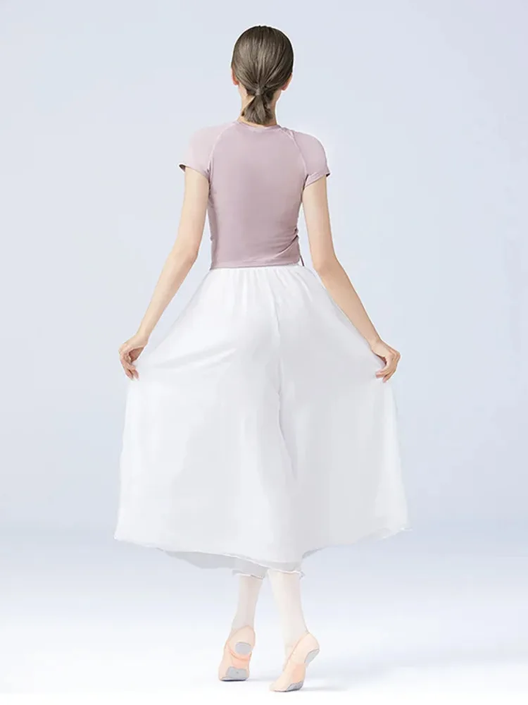 Solid Color Drawstring Slim Fit Ballet Top – Short Sleeve Round Neck Dance Shirt for Women Performance Practice