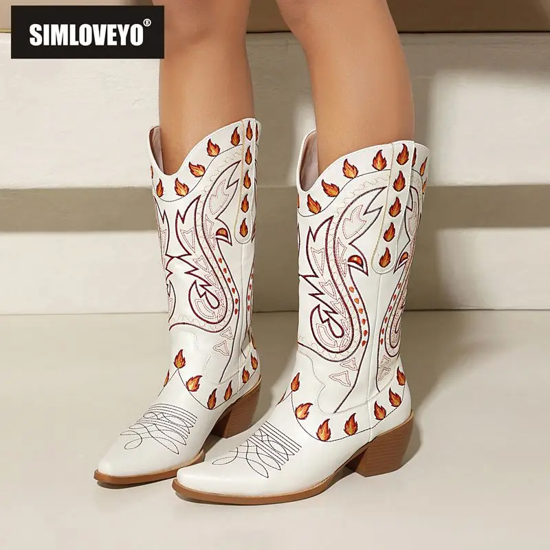 SIMLOVEYO Brand Cowboy Western Boots Embroider Mixed Color Oversize 42 43 Comfort Female Square Toe 5.6cm Block Heels Slip On