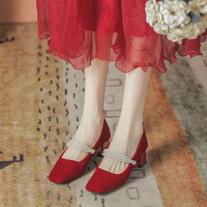 

Mary Jane Women Shoes Square Toe Chunky Heel Pearl Accent Easy Walk Wedding Bridal Bridesmaid Shoes For Dress Non Painful Feet