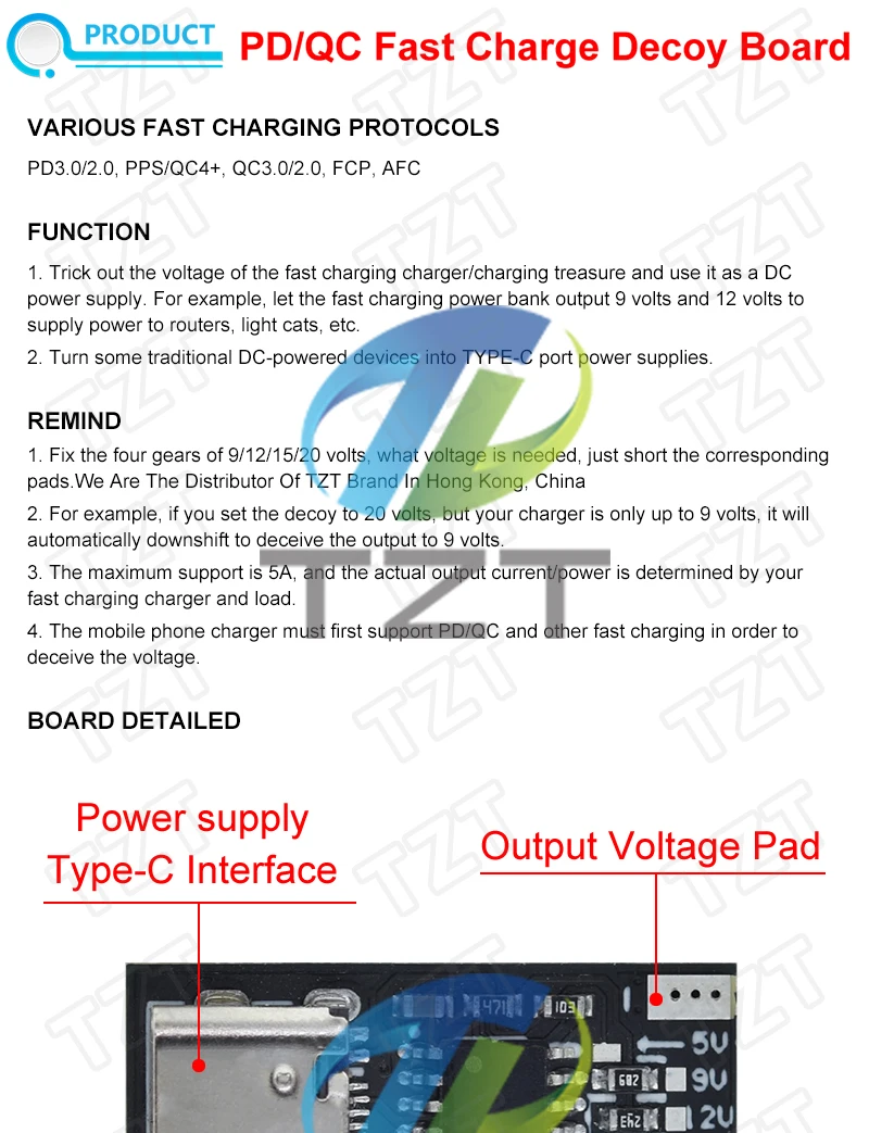 TZT Typ-C PD2.0 PD3.0 Schnelllade-Auslöser-Polling-Detektor USB-Boost-Stromversorgungs-Wechselmodul Ladeplatine 9V 12V 15V 20V – Detail 1