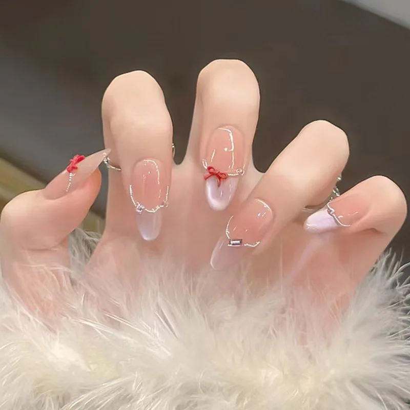 

24Pcs Mid-length Almond Press on Fake Nails with Cat's Eye French Design False Nails Bow Rhinestone Reusable Full Cover Nail Tip