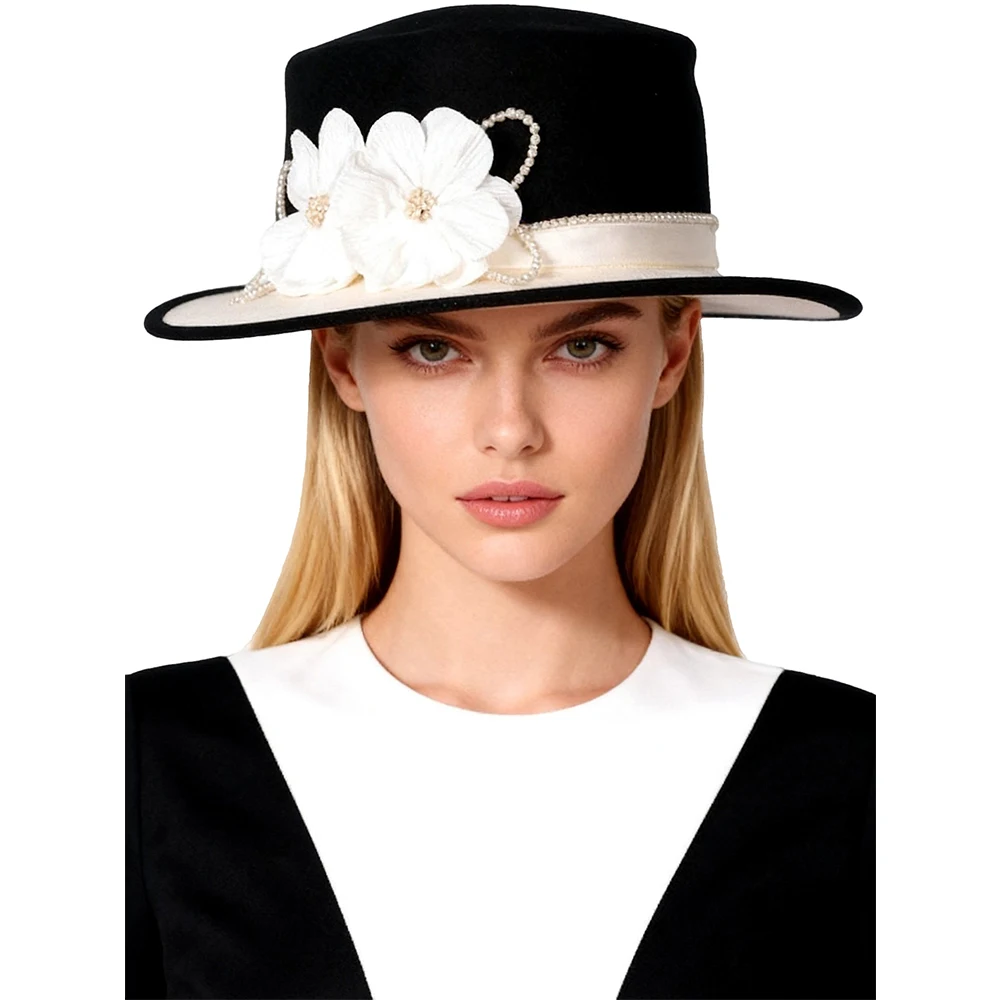 FS Elegant Black White Fascinator Hats For Women Luxury Tea Party Top Hat Summer Wide Brim Wool Cap With Flower Chapeau Femme