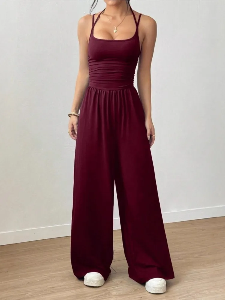 Y2K Female Jumpsuit Solid Color Double Suspenders Elastic Waist Loose Wide Leg Jumpsuits Sports Fitness Commuting Yoga Bodysuits