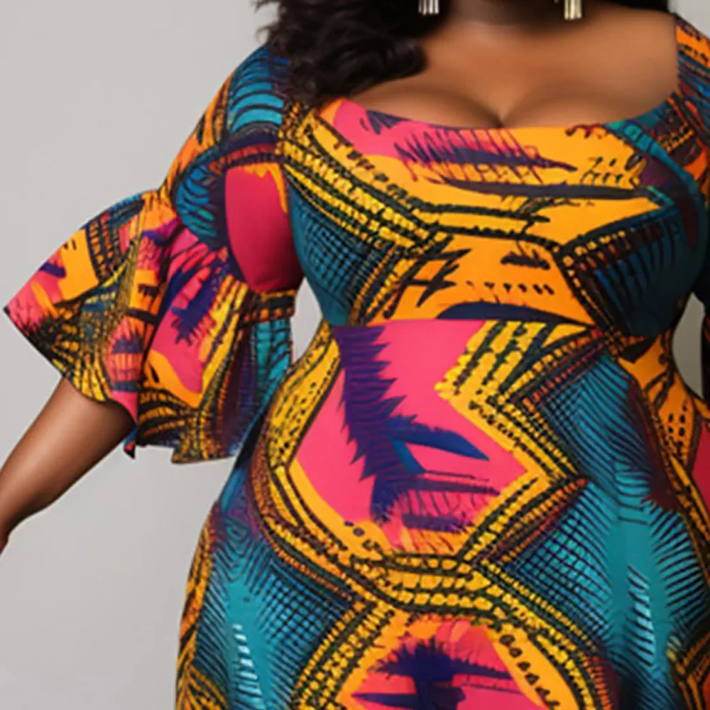 Plus Size Daily Multicolor Ankara Square Neck Flare Half Sleeve Knitted Knee-length Midi Dresses