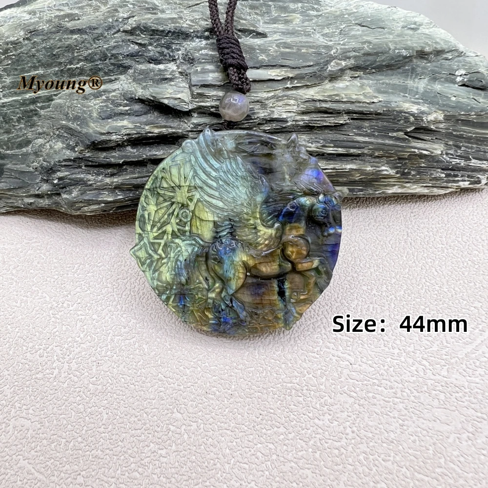 2PCS Hand Caved Engraving Natural Flash Labradorite Moonstone Pegasus Horse Necklace Pendant MY230520