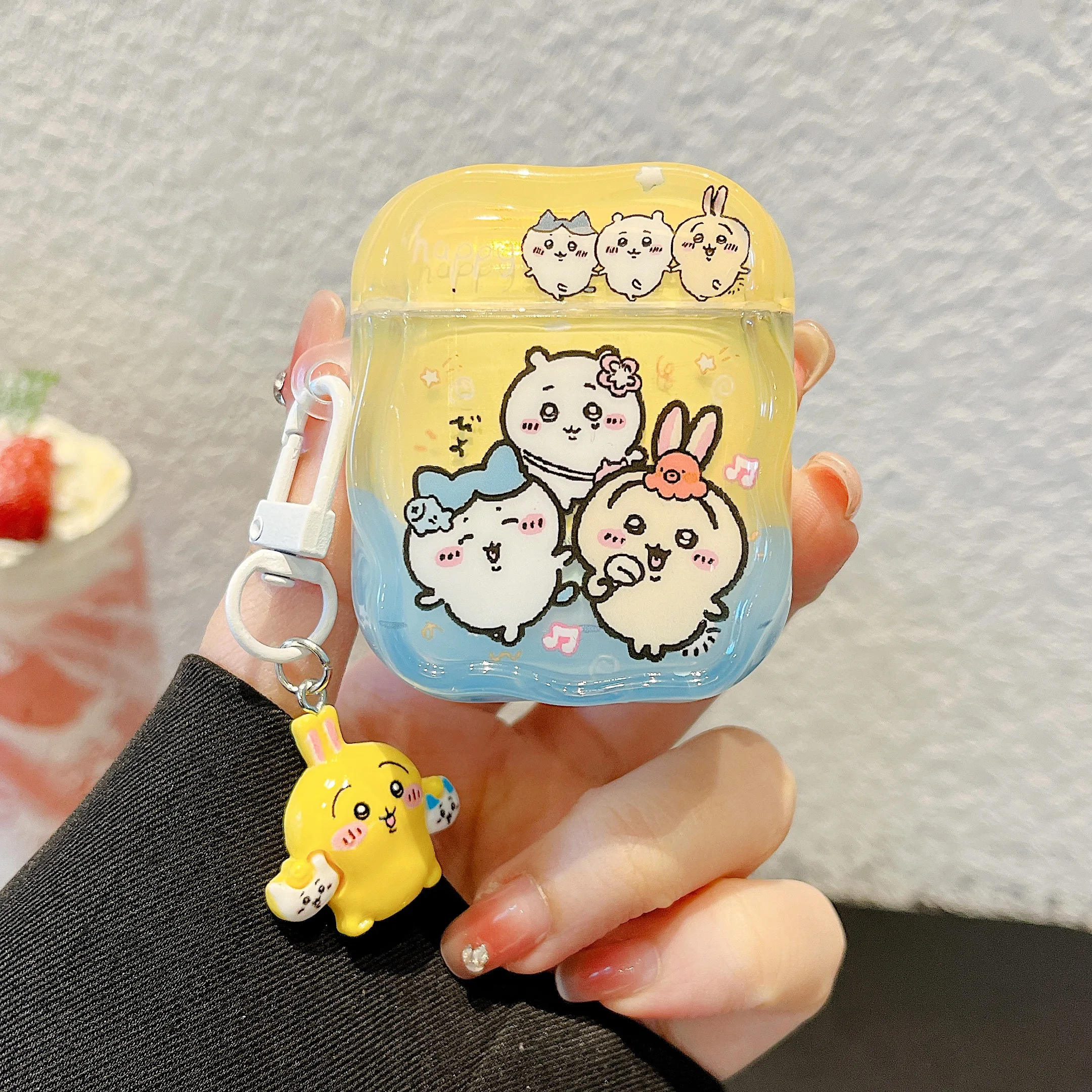 موجة حافة نمط Chiikawa & Hachiware & Usagi Muster مع قلادة سماعة الرأس ل Airpods 2 1 4 3 Pro 2 غطاء مقاوم للخدش