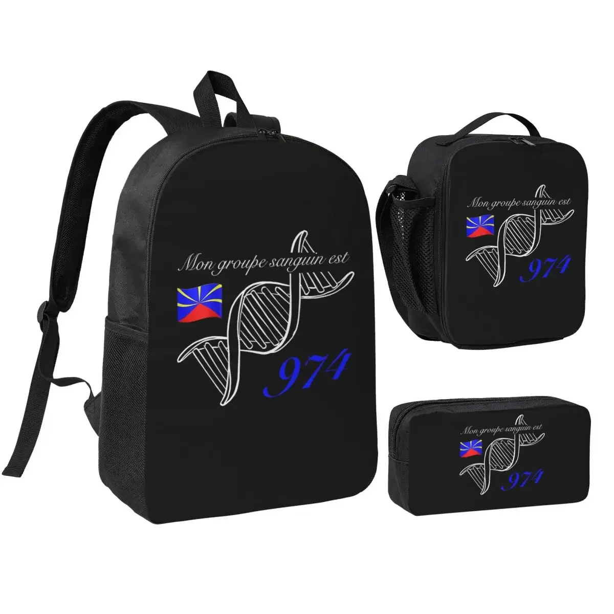 974 Reunion Island Flag Backpack Student Boys Girls BookBag School Bag Laptop Shoulder Bags 3ps Insulated Lunch Bag Pencil Case
