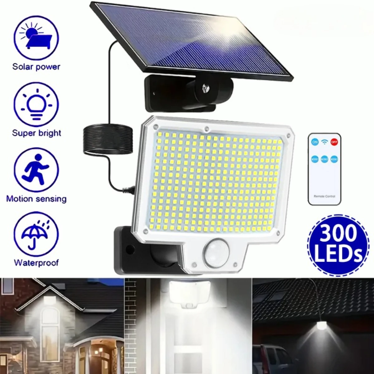 1/2PCS 300 LED Solar Lights Outdoor Motion Sensor with Remote 3 Modes Waterproof Super Bright Solar Flood Lights for Yard Garden