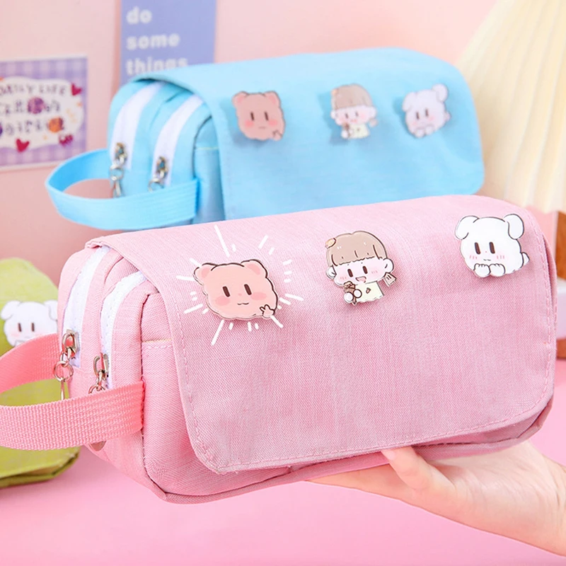 School Supplies Stationery School Double Layers Canvas Pencil Cases for Girls Bags Pens Cute Korean Stationery Holsters Supply 