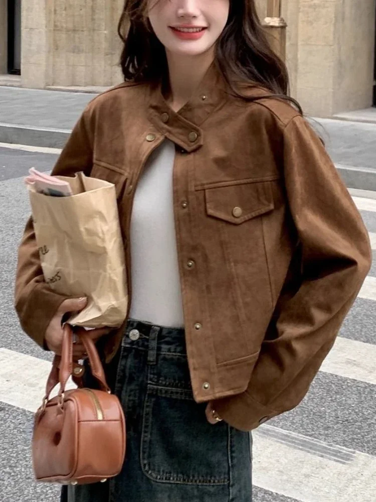 Winter Korean Brown Cropped Leather Jacket Women High Street Casual Button Leather Coat Vintage Chic Design Faux Fur Coat Autumn