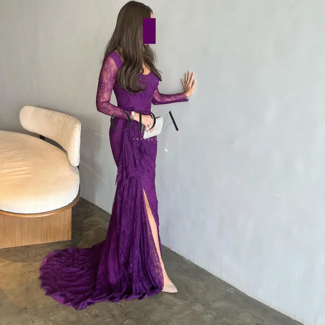 Lila Meerjungfrau Ballkleid boden lange Abend party Kleider Spitze lange Ärmel Schatz Split Brautkleider Frauen Arabien