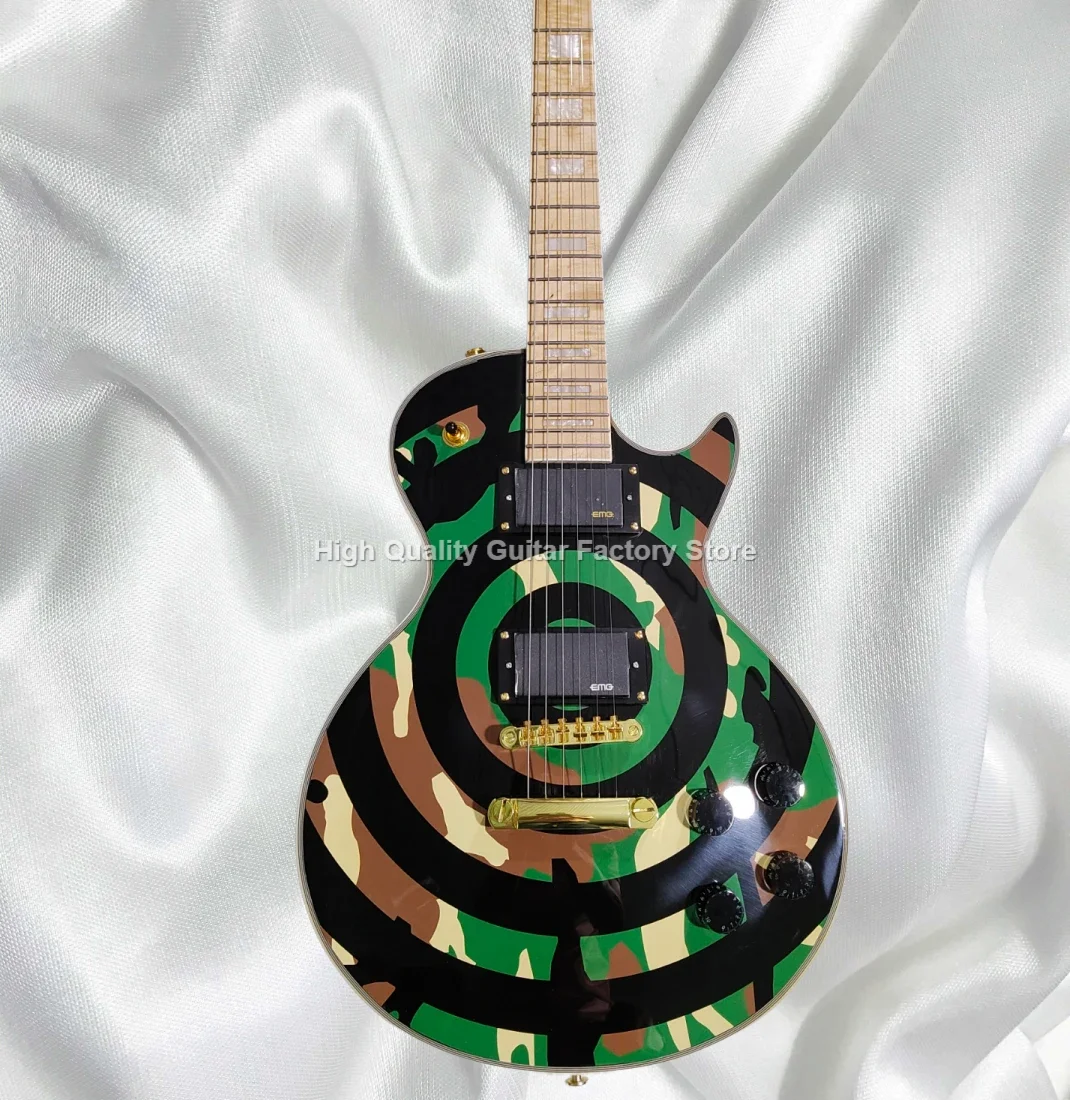 كهربائي مموه عالي الإخراج: رقبة خشب القيقب، EMG Humbuckers، أجهزة ذهبية، نغمة جاهزة للمعادن