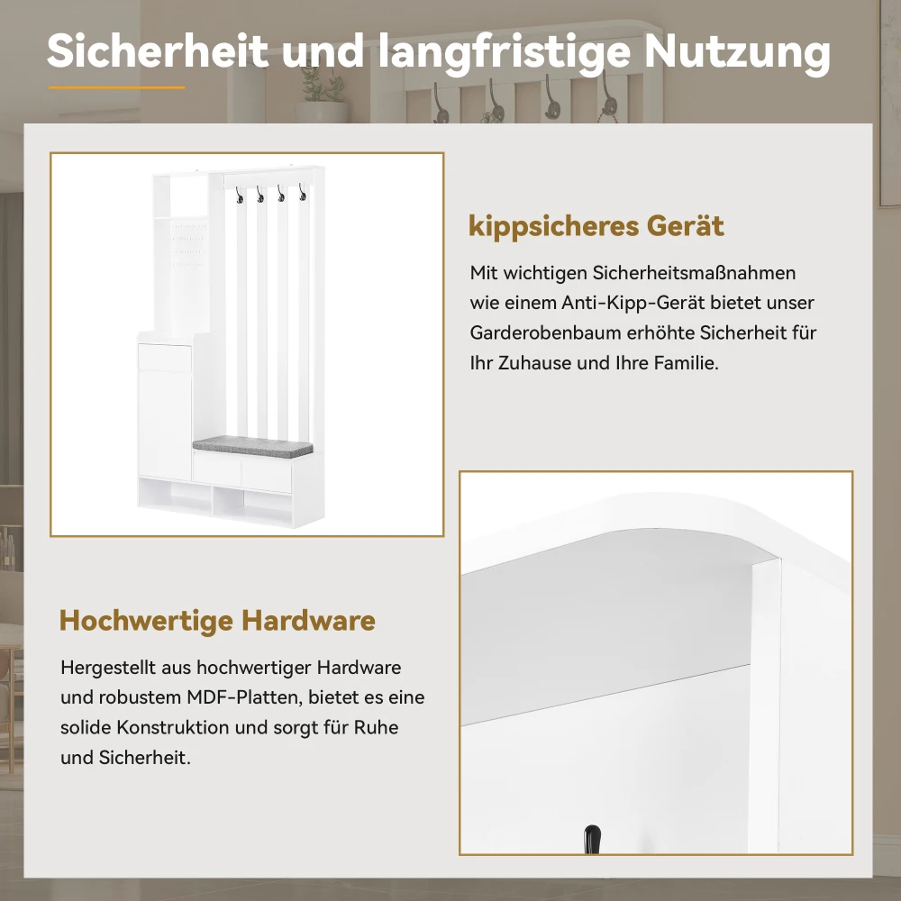 PINGGO Flur-Garderobe mit weicher Polsterung, langer Aufbewahrungsbank, multifunktionaler Schuhschrank für den Eingangsbereich, modernes Design, Plug-in-Schreibtisch – Detail 11