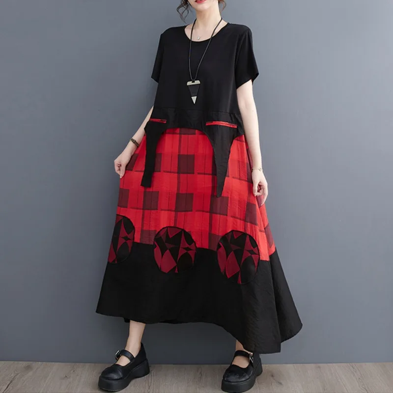 #3850False Two Piece Long T Shirt Dress Women Short Sleeve Vintage Plaid Tshirt Dress Loose Irregular A-Line Dress Cotton Summer