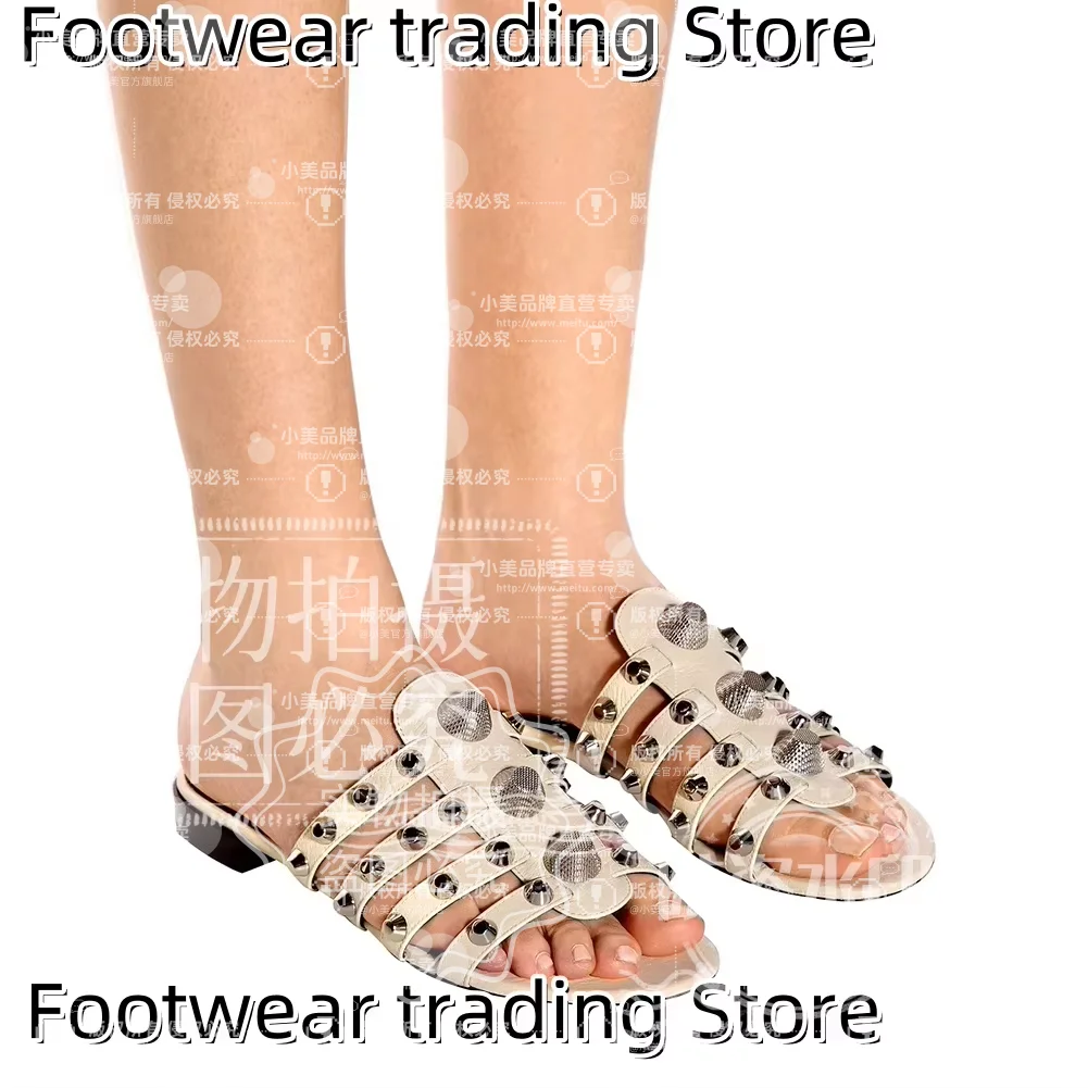 

Синие кожаные шлепанцы на плоской подошве с шипами и ремешками, шлепанцы-мюли с открытым носком, пляжные сандалии Zapato De Tacon, женская обувь Sandalias Mujer