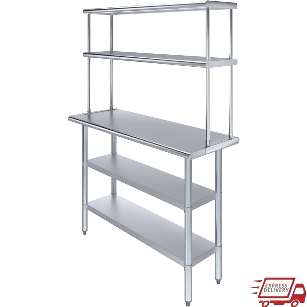 

Stainless Steel Work Table with Double Tier Shelves Kitchen Metal Prep Station Food Safety Durable Industrial Home Use