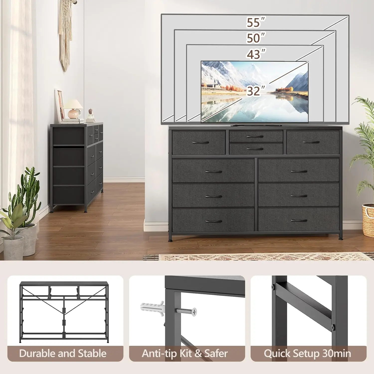 Dresser for Bedroom TV Stand for 55” TV, Entertainment Center with 10 Drawers, Storage Organizer Unit for Living Room, Closet