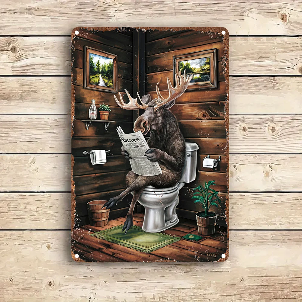 Whimsical Moose Bathroom Decor Iron Sign -  Vintage Wall Art, Easy to Install with Pre-Drilled Holes, Perfect for Home, Office,