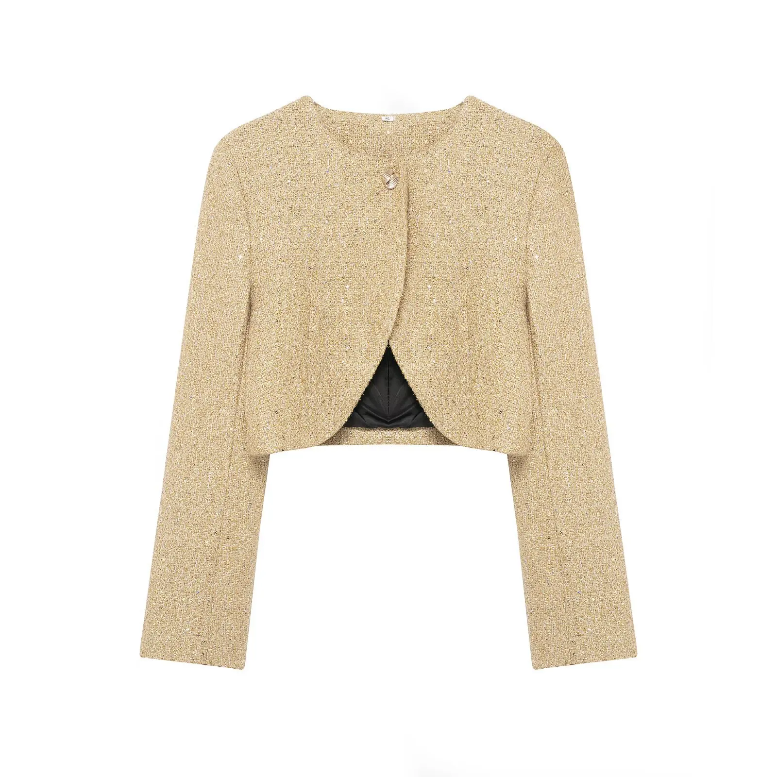 KIDCKRJ Gold Women Spring Jacket Elegant Round Neck Button Loose Outwear For Female Minimalist Instagram-Style Lady Jacket Coat