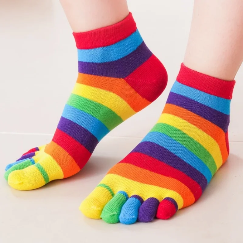 Calcetines de Mujer con Rayas de Arcoíris, Calcetines de Algodón de Cinco Dedos con Punta Dividida, Calcetines de Tubo Medio con Líneas Coloridas, Calcetines Deportivos Simples y Divertidos