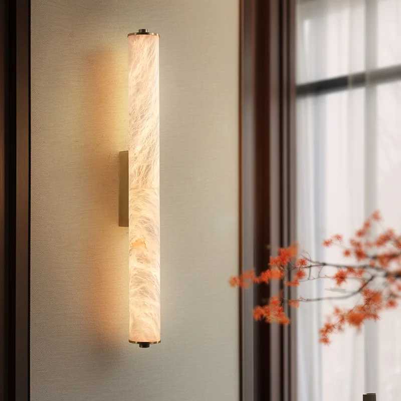 

New Chinese style all copper long strip wall lamp, cylindrical natural marble art decor wall lamp, for bedroom, corridor YX654SD