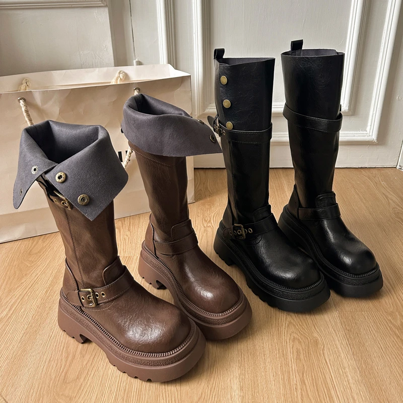 

Punk Style Platform Woman Knee High Boots Fashion Height Increase Slip On Shoes Female Knight Booties Shoes