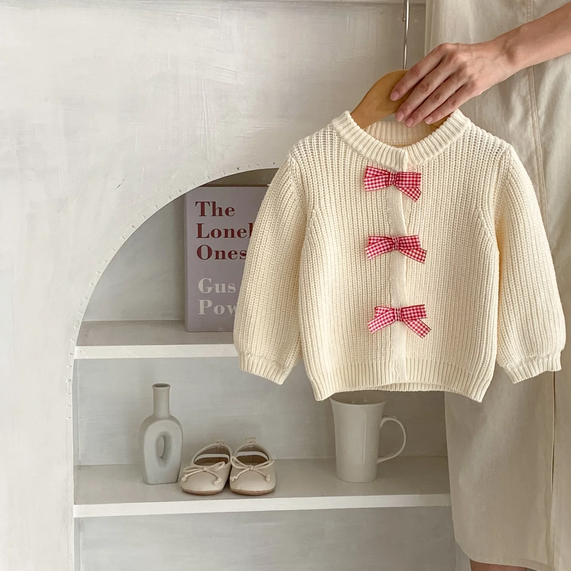 Coat 2023 New Autumn Cotton Yarn Girl Baby Children Lattice Bow Knot Knitting Long Sleeved Cardigan Striped Lovely