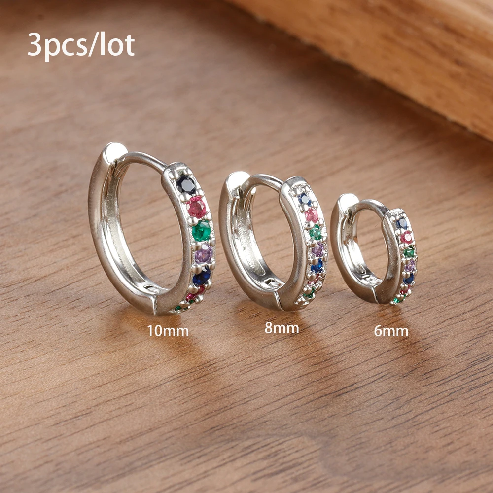 3pc Set Simple Stainless Steel Crystal Small Hoop Earrings