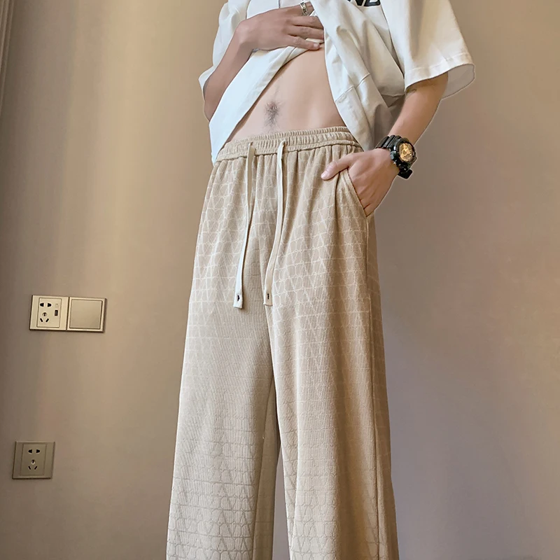 

Khaki Color Ice Silk Men's Summer Thin Casual Sport Pants Loose Straight Leg Trousers Faionable High Street Long Pants