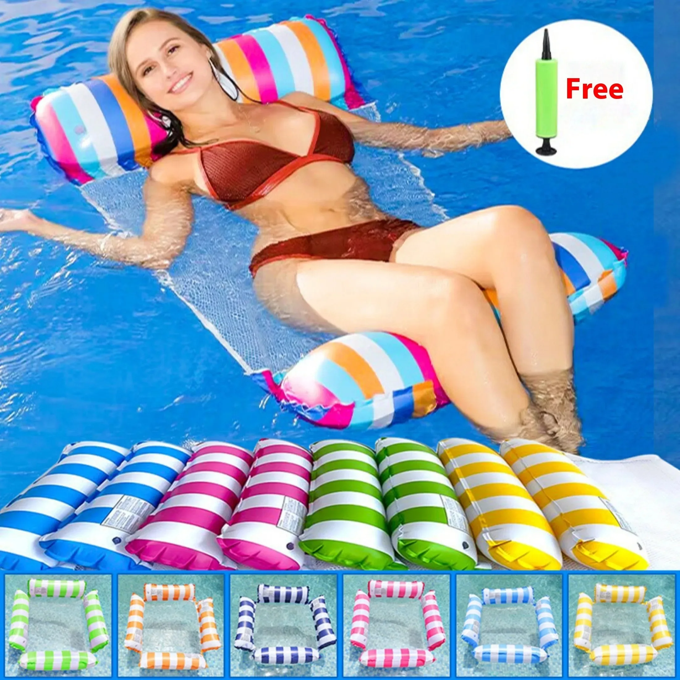 Colchón Inflable de Malla a Rayas de 4 Tubos, Colchón de Aire Plegable, Hamaca Flotante para Piscina y Diversión Acuática