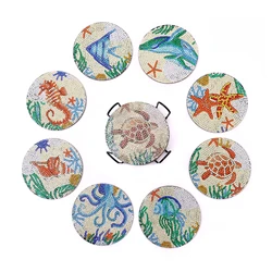 8pcs/Set DIY Diamond Painting Coasters Ocean Wood Tablemat for Drinks Crystal Rhinestones Diamond Art Coasters with Holder