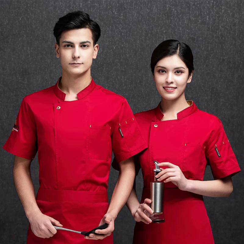 Mens Chef Shirt Uniform Korte Mouw Werk Jasjelaag Hotel Restaurant Keuken Stand Kraag Kok Food Service Kleding Print Logo