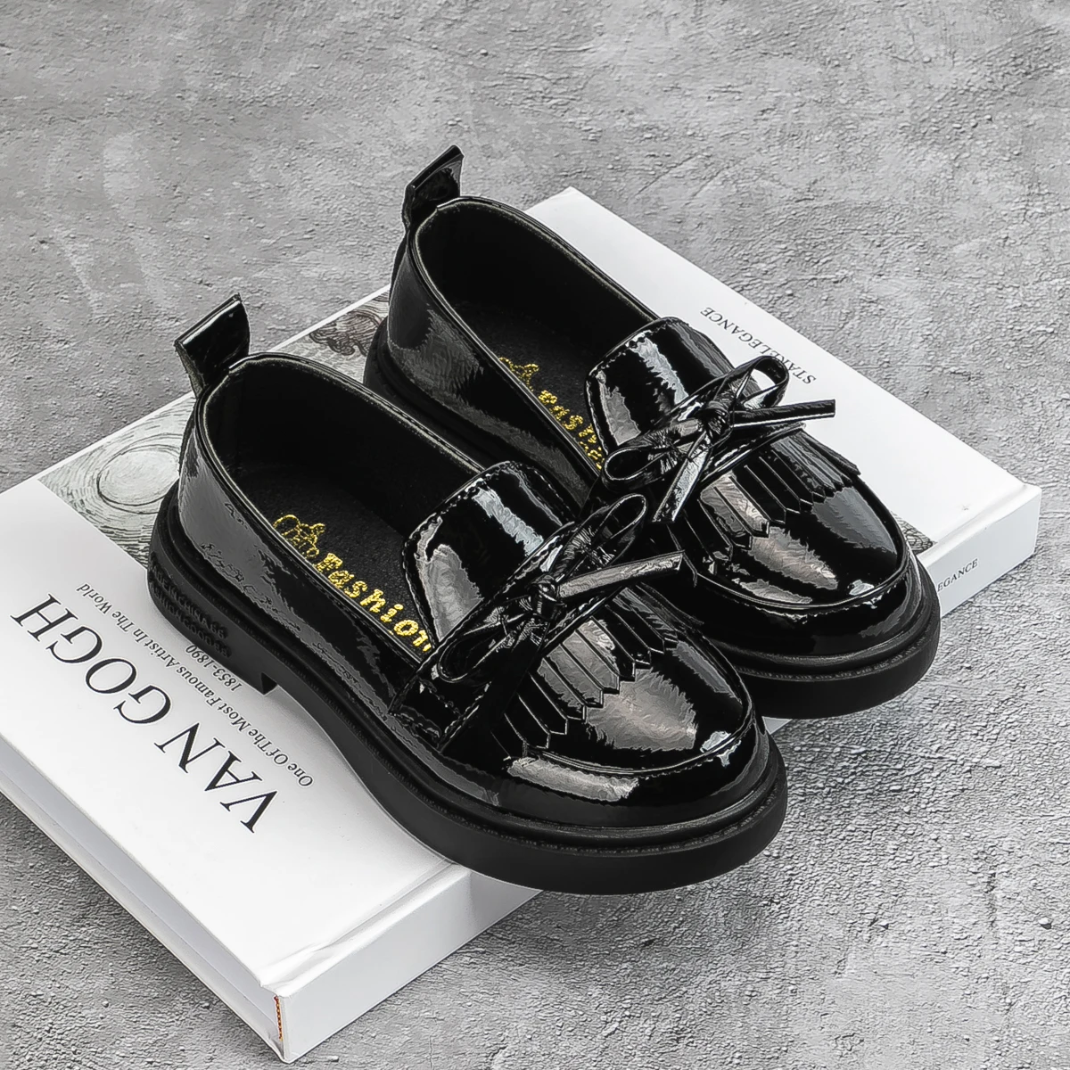 KIDSUN Bowknot Fashion Children's Shoes Black Leather Party Girls Princess Shoes English Style Soft Anti-slip School Casual Shoe