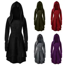 Women Milk Silk Dress Hooded Long Sleeves Lace-up Strap Slim Waist Irregular Hem Women Midi Dress Festival Party Halloween Dress