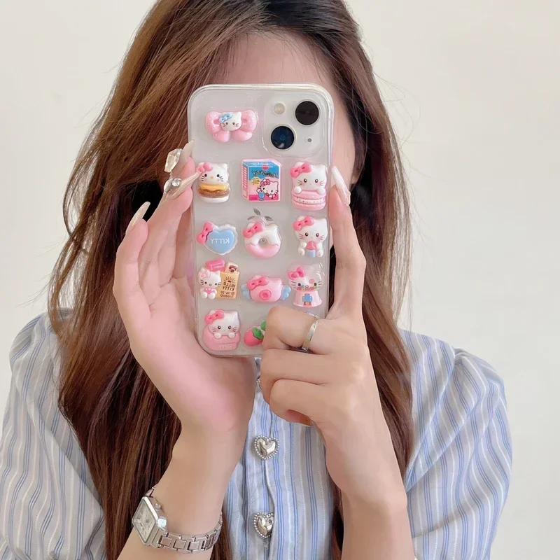 3D Kawaii Cute Cartoon Sanrio Hello Kitty  Phone Case For iPhone 15 Pro 14 13 12 11 Pro Max Clear Shockproof IMD Cover