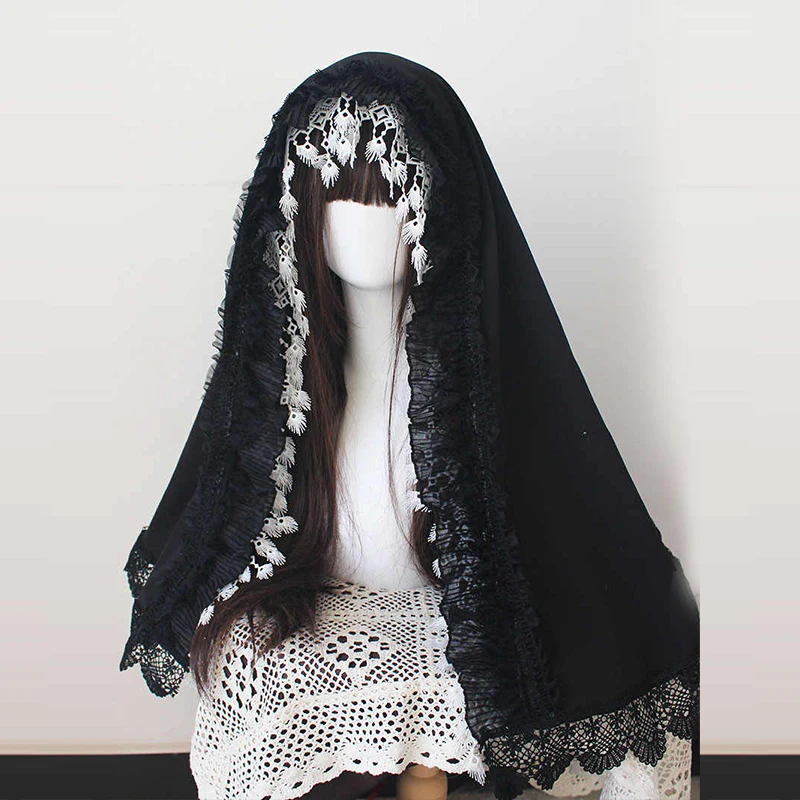 고딕 로리타 블랙 베일 헤드 피스 수녀 코스프레 의상 액세서리 여자 여자 할로윈 카니발 파티 역할 놀이 Headscarf