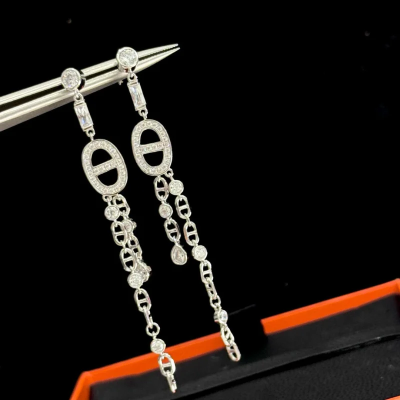 S925Sterling Silver Oval Earrings Seiko High-Grade Full Rhinestone Tassel Earrings Niche Design Earrings