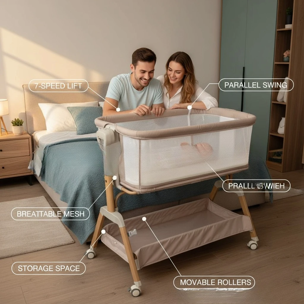 Babyfond Movable Bedside Baby Bassinet, Height‑Adjustable Attachable Splicing Infant Crib with Wheels for Newborn