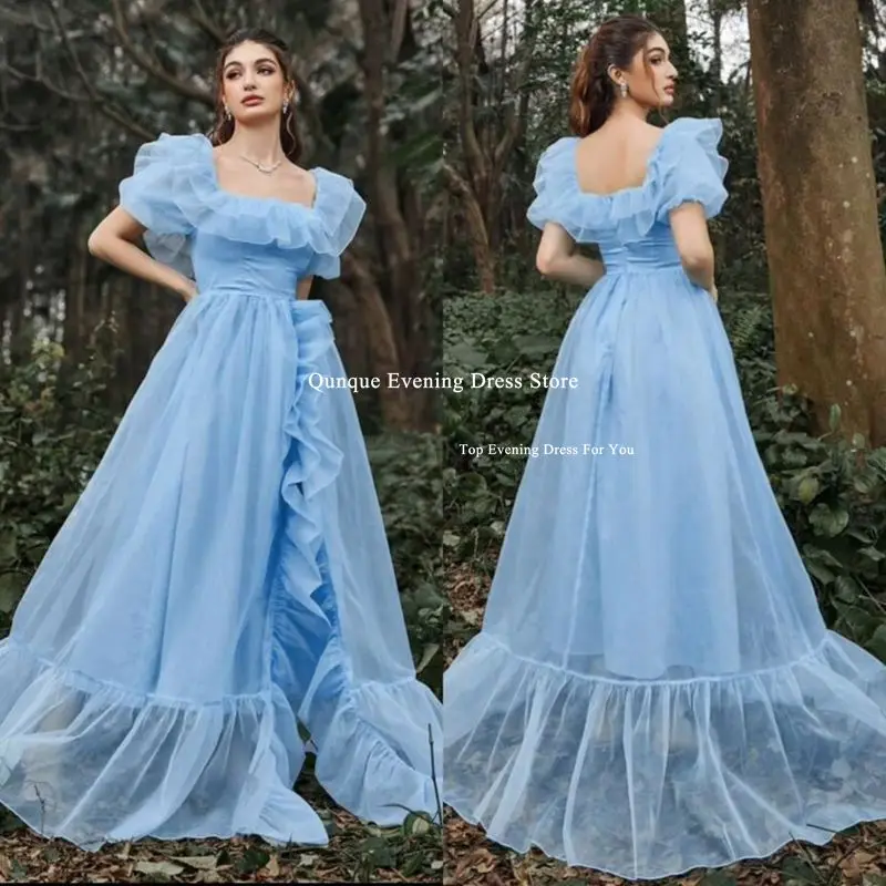 Qunque Sky Blue Ruched Ruffles Tulle Prom Dresses Cap Sleeves Square Neck Side Split Saudi Arabic Customized Party Evening Gowns