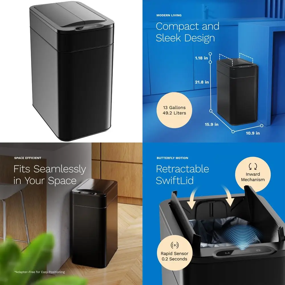 

Automatic Sensor Trash Can - 13 Gallon, Retractable Butterfly Lid, Space-Saving, Easy Clean, Battery-Powered Kitchen Bin