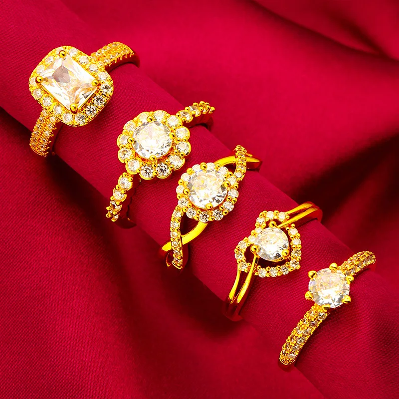 24K Gold AU999 White Diamond Ring Women's - Retro texture band, unique taste for couple dates