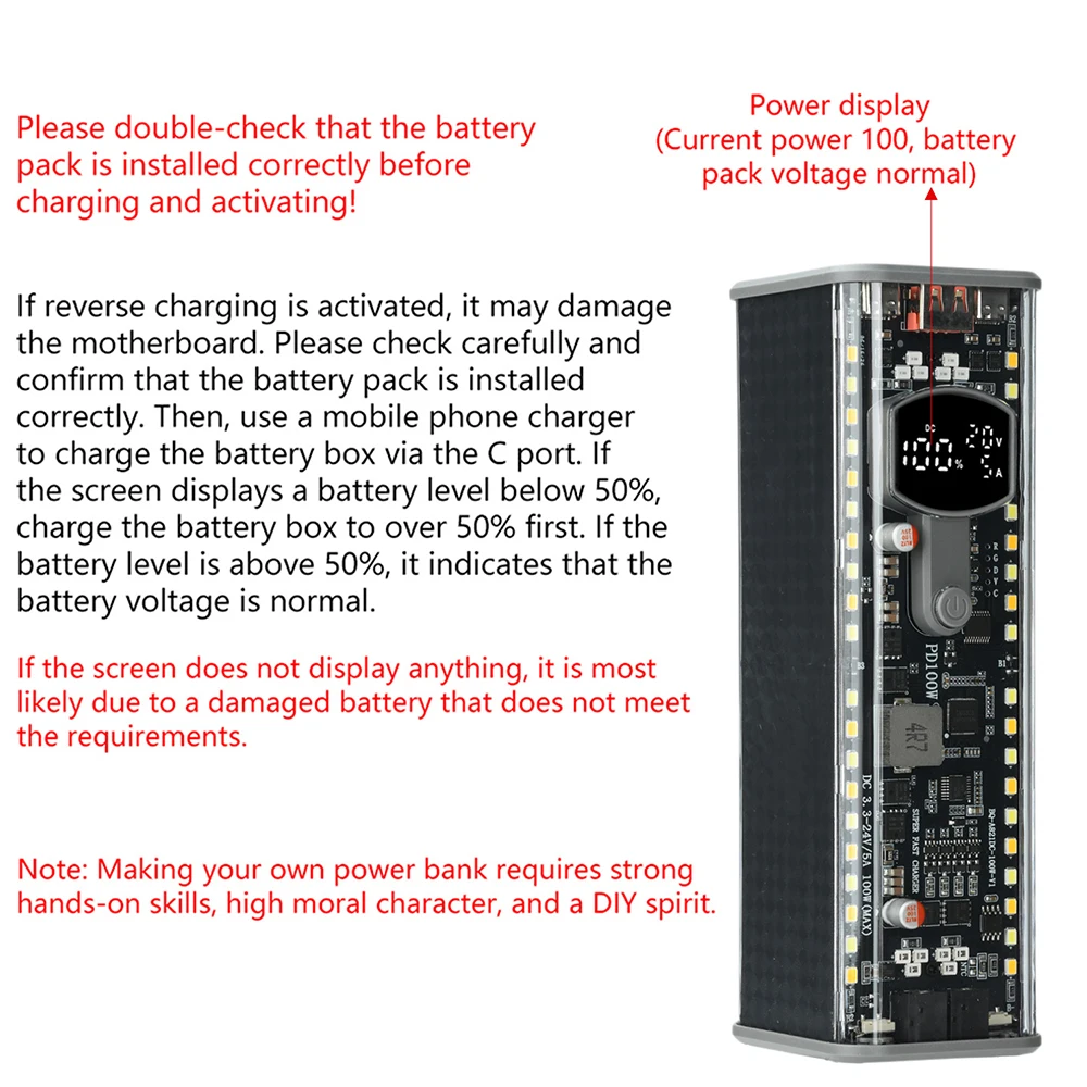 PD100W Hochleistungs-Powerbank-Gehäuse, lötfreier 8-Zellen-21700-Batteriehalter, DC-Spannungsregelung, hochhelle LED-Außenleuchte – Detail 6